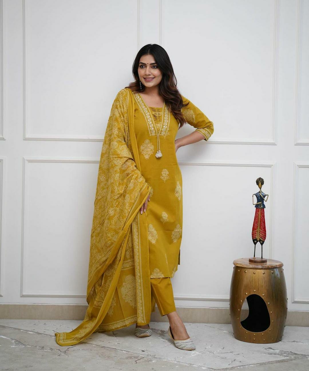 Salwaar Suit With Dupatta• selling Yellow Pure Cotton Printed Kurta With Trousers & Dupatta• Indian Ethnic Wear• Kurtis With Trousers• Tunic Pant