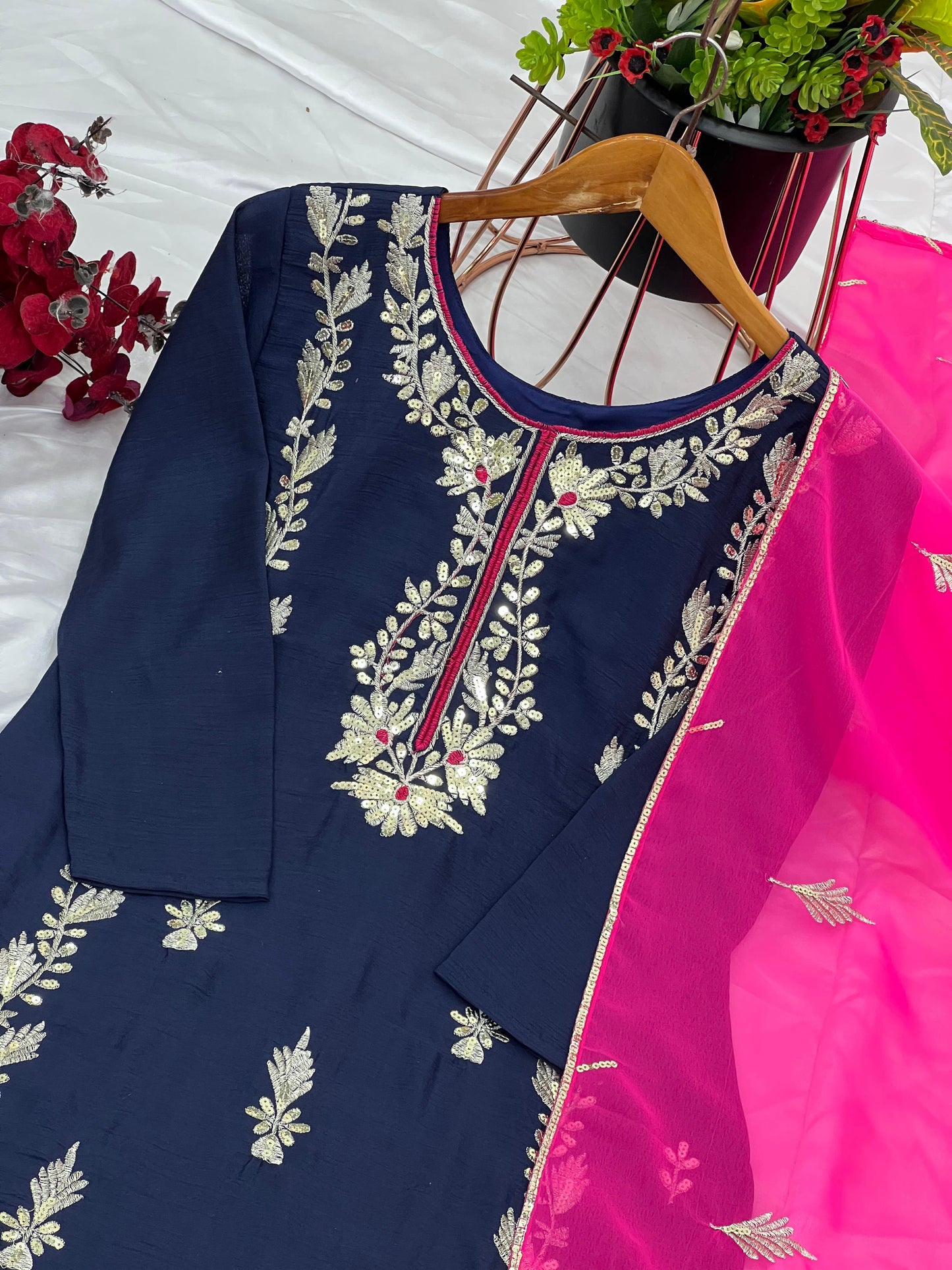 Stunning Pant Suit with Embroidered Top, Georgette with Sequence Embroidery, Pant and Dupatta Set, Beautiful 3 Piece, Wedding Outfits