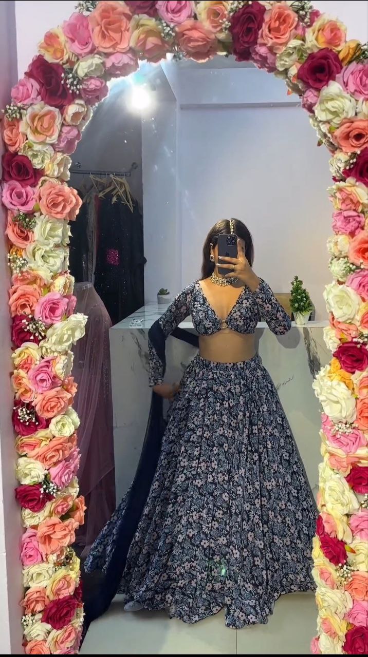 Elegant Floral Lehenga Choli, Floral Engagement Lehenga, Bridesmaids Lehenga, Indian Wedding Party Wear, Trendy Lehenga Blouse