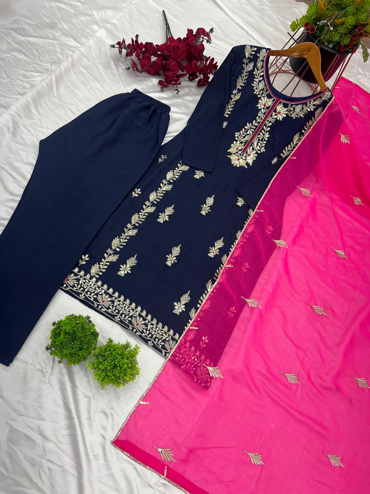 Stunning Pant Suit with Embroidered Top, Georgette with Sequence Embroidery, Pant and Dupatta Set, Beautiful 3 Piece, Wedding Outfits