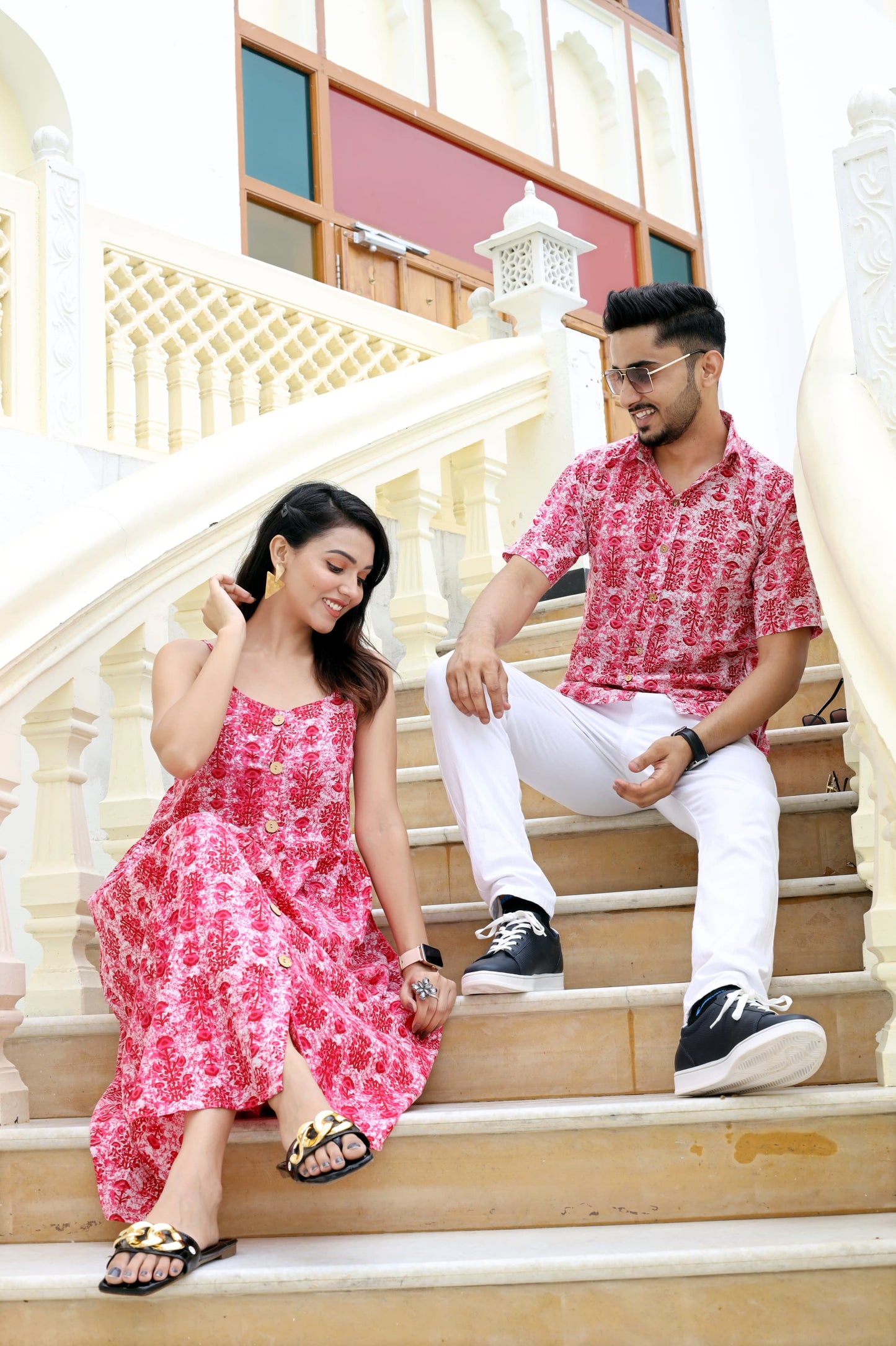 Super Soft Cotton Bright Hibiscus Couple Matching handblock fabric Shirt/Beach Dress - Wedding Group Bulk Quantities,