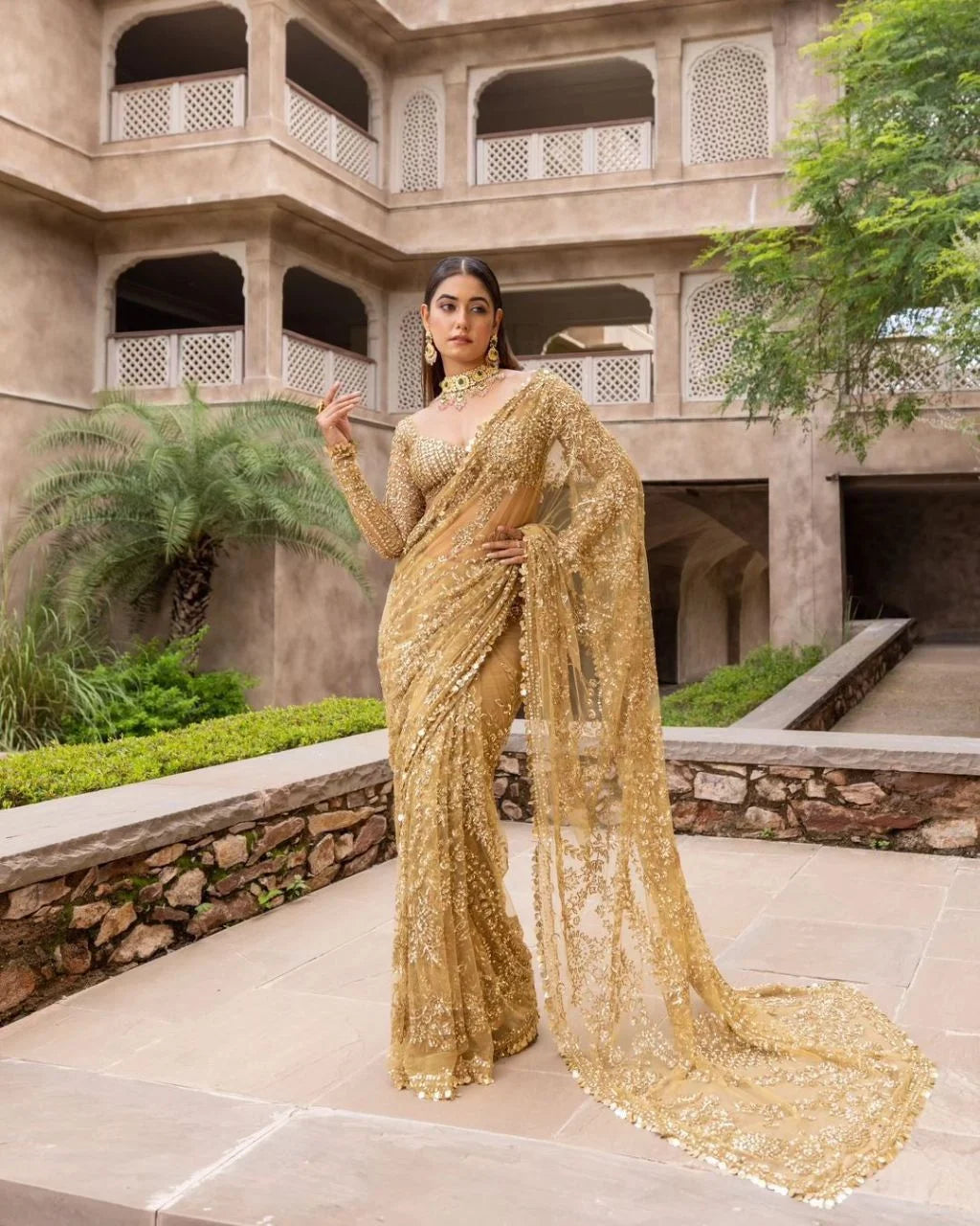 Bollywood BlockBuster Georgette Sequins Design and Beautiful Embroidery Sequins lace border on Saree