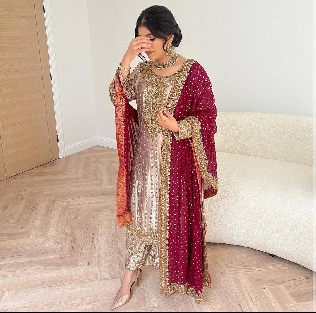 Embroidered Dress, Pakistani 3 Piece Suit, Long Sleeve Salwar Kameez Dress, Pakistani Designer Dress for Women