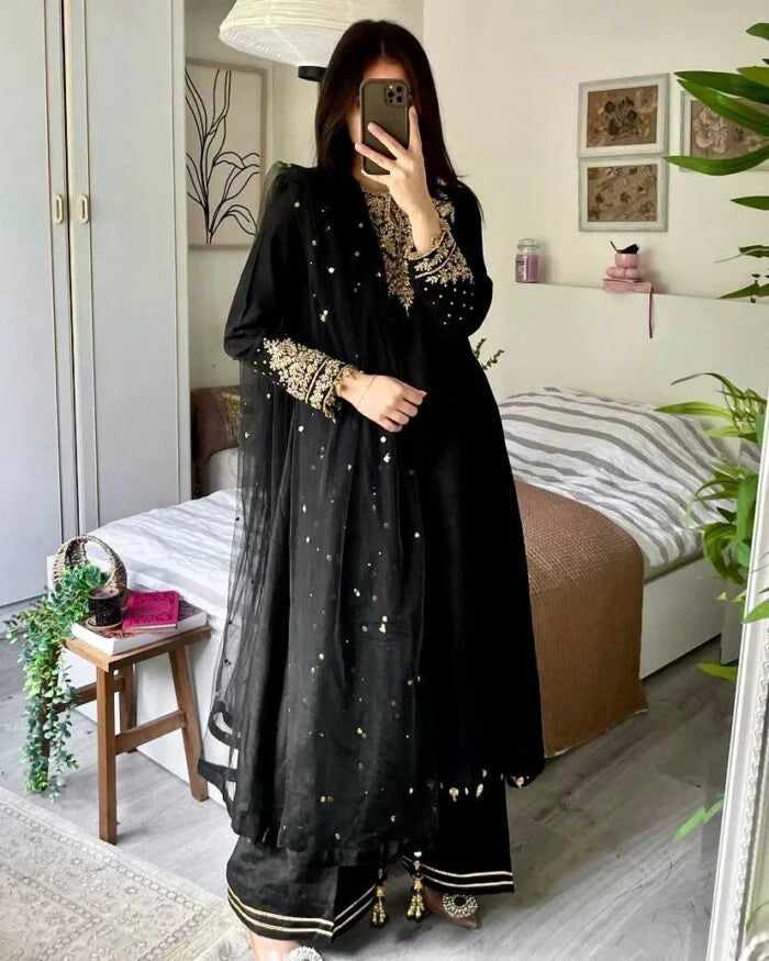 Pakistani Embroidered 3 Piece Suit, Readymade Long Sleeve Dress, Cotton Fabric Salwar Kameez