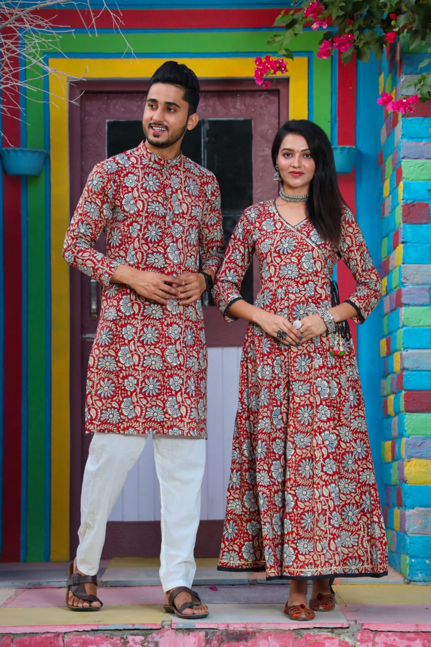 Super Soft Cotton Bright Hibiscus Couple Matching handblock fabric Kurta/Anarkali - Wedding Group Bulk Quantities,