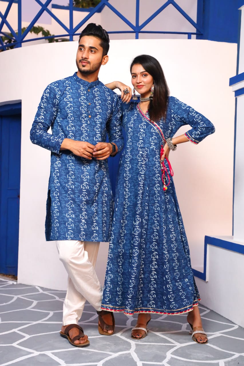 Couple Matching Cotton handblock fabric Kurta/Anarkali - Wedding Group Bulk Quantities,