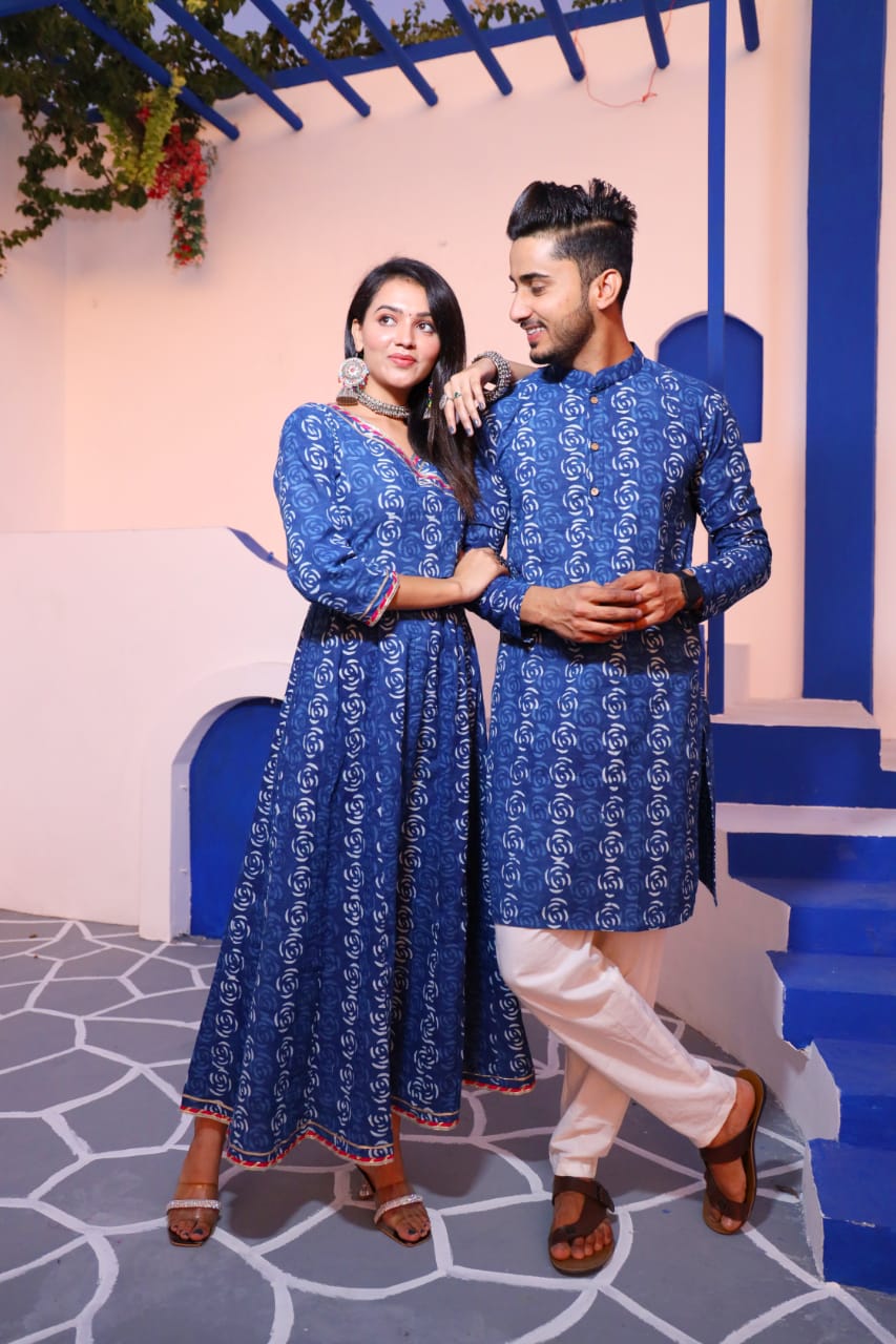 Couple Matching Cotton handblock fabric Kurta/Anarkali - Wedding Group Bulk Quantities,