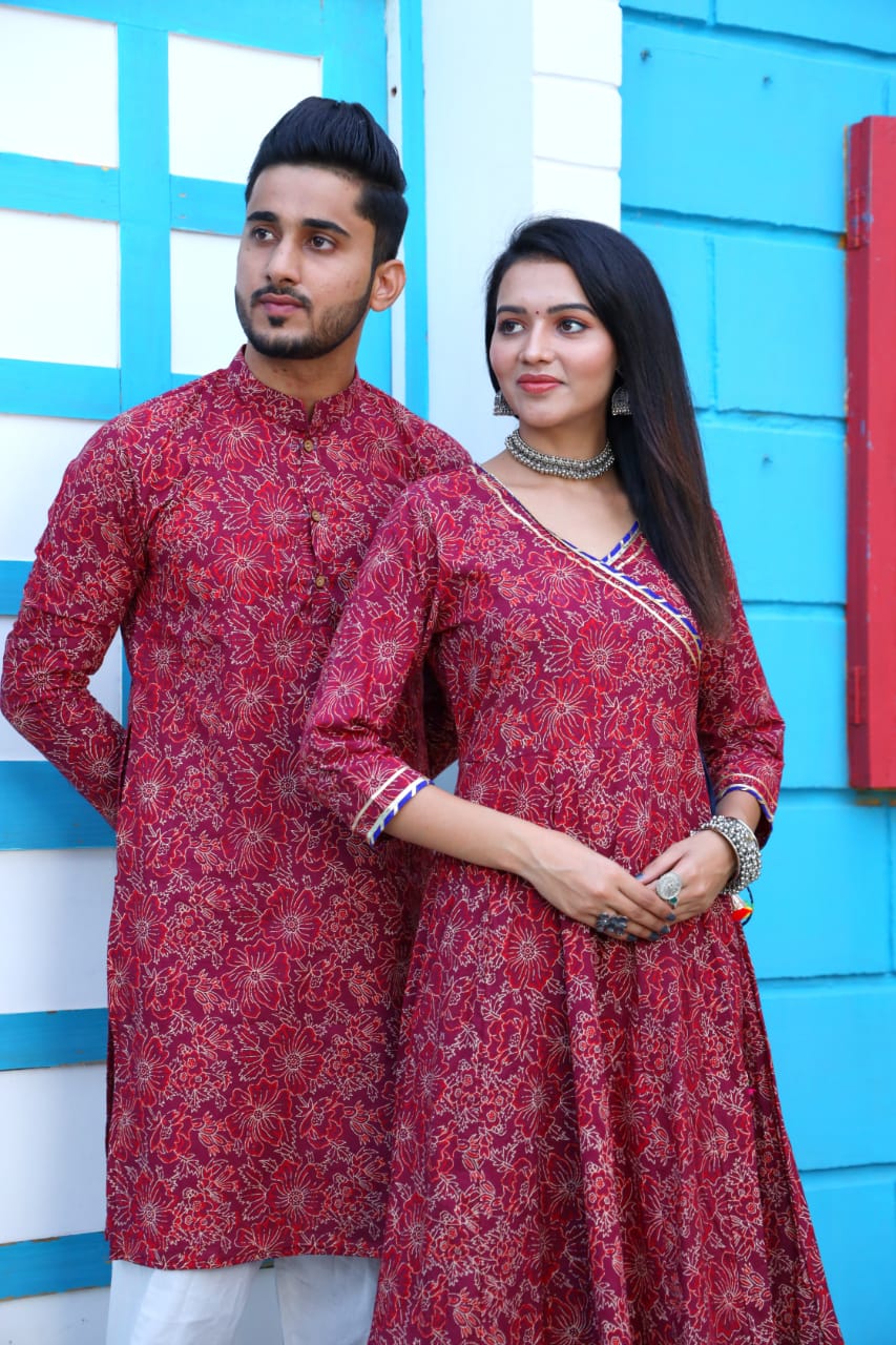 Super Soft Cotton Bright Hibiscus Couple Matching handblock fabric Kurta/Anarkali - Wedding Group Bulk Quantities,