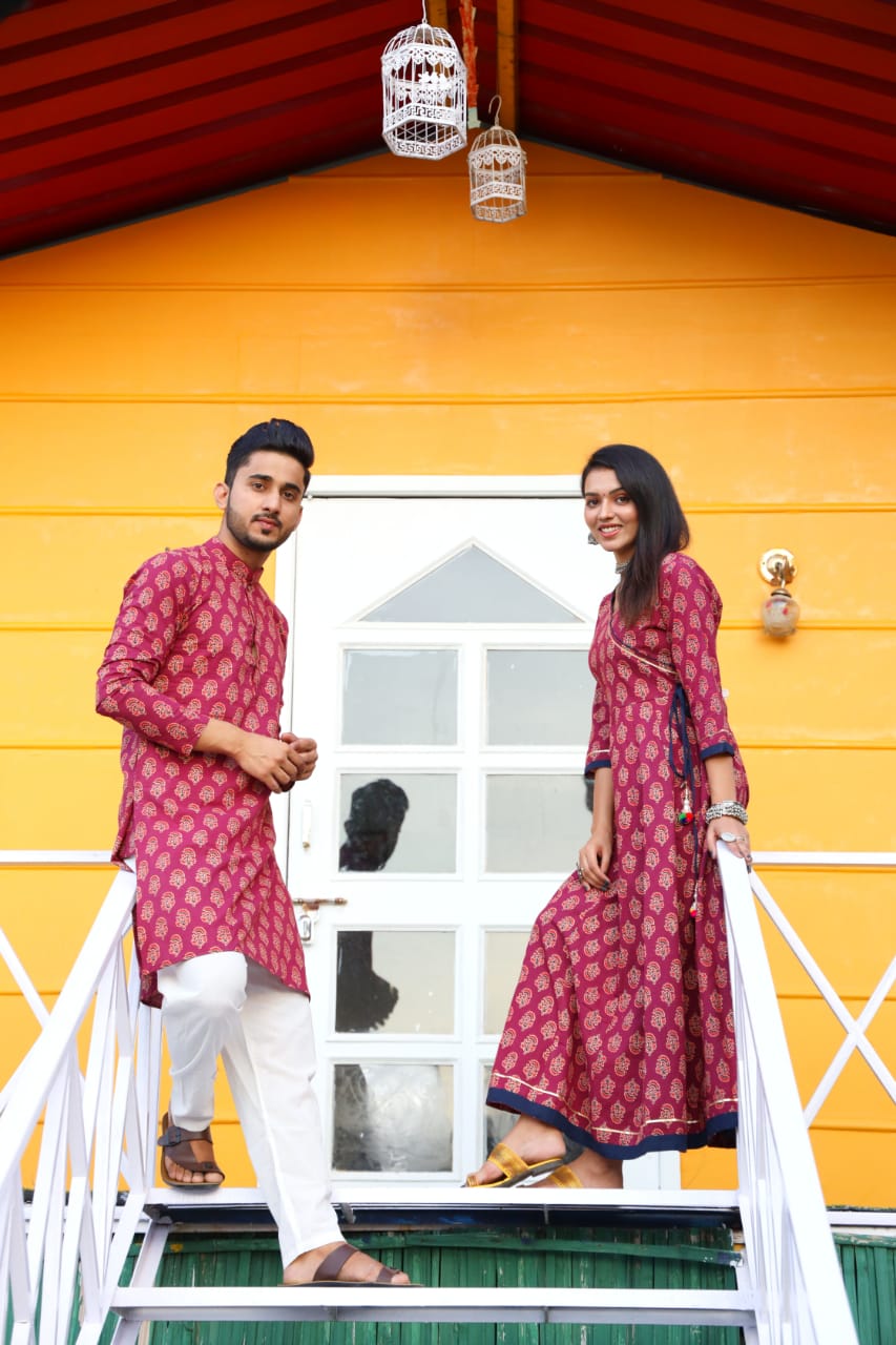 Super Soft Cotton Bright Hibiscus Couple Matching handblock fabric Kurta/Anarkali - Wedding Group Bulk Quantities,