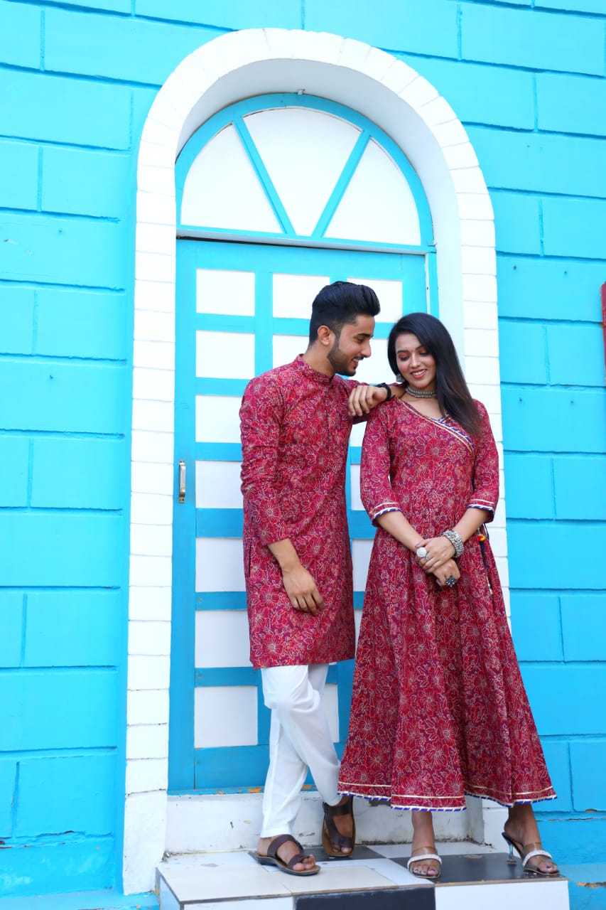 Super Soft Cotton Bright Hibiscus Couple Matching handblock fabric Kurta/Anarkali - Wedding Group Bulk Quantities,