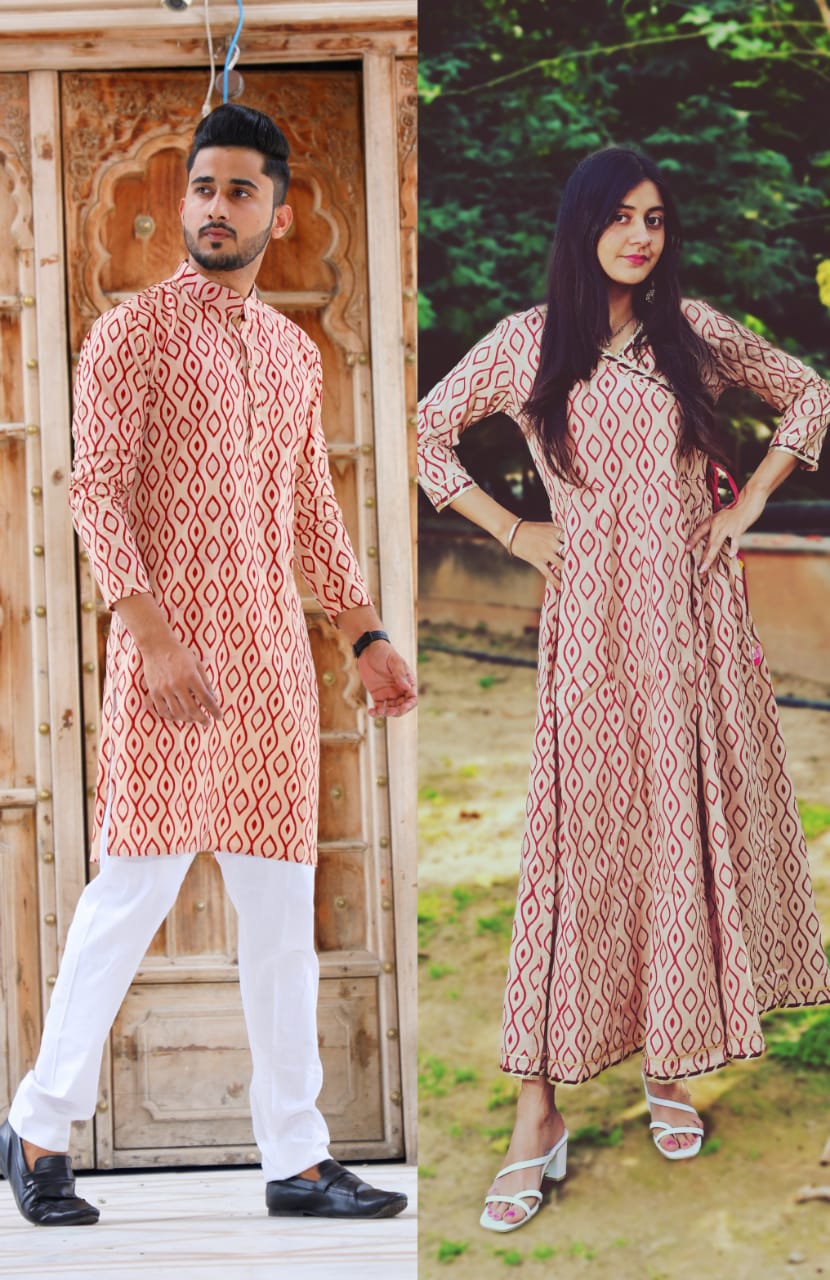 Couple Twining Outfit, Cotton handblock fabric Kurta/Anarkali - Wedding Group Bulk Quantities,