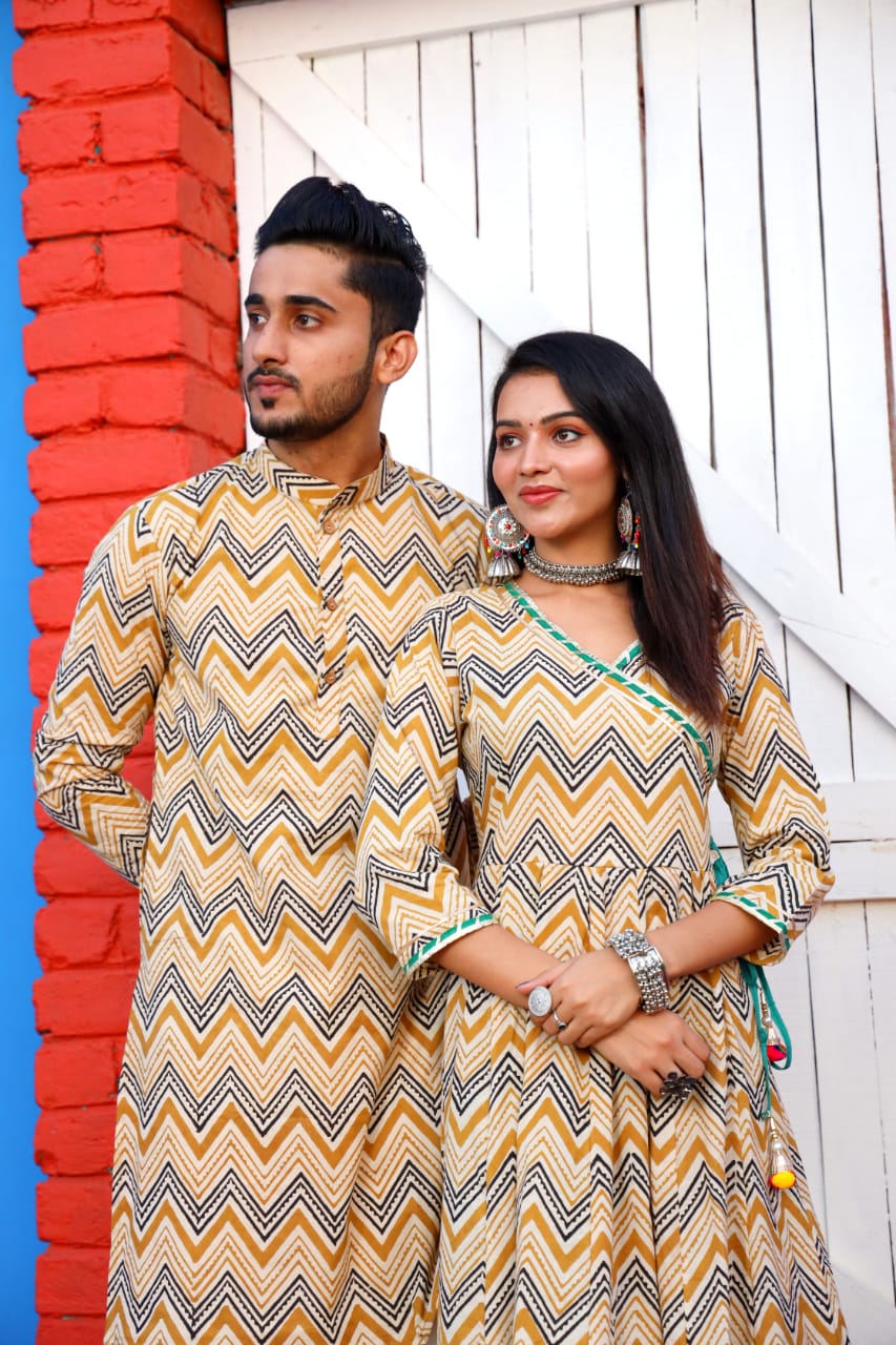 Couple Twining Outfit, Cotton handblock fabric Kurta/Anarkali - Wedding Group Bulk Quantities,