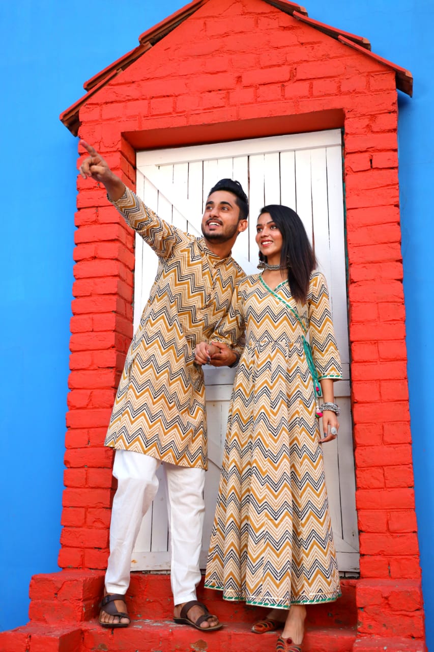 Couple Twining Outfit, Cotton handblock fabric Kurta/Anarkali - Wedding Group Bulk Quantities,