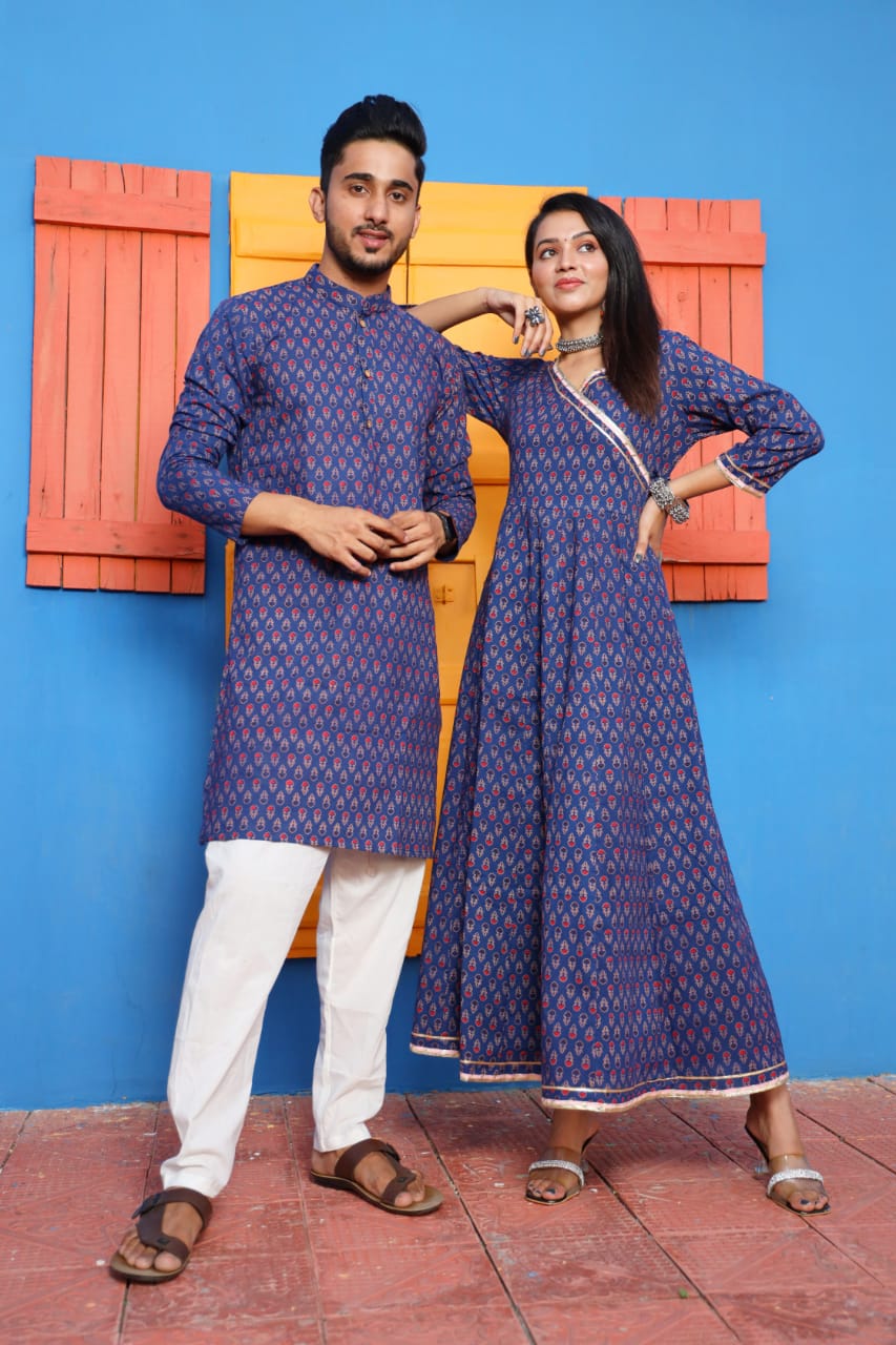 Couple Twining Outfit, Cotton handblock fabric Kurta/Anarkali - Wedding Group Bulk Quantities,