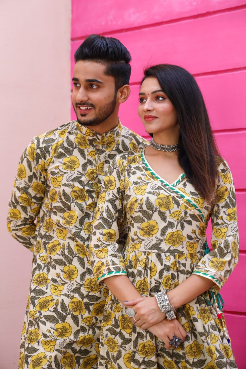 Couple Twining Outfit, Cotton handblock fabric Kurta/Anarkali - Wedding Group Bulk Quantities,