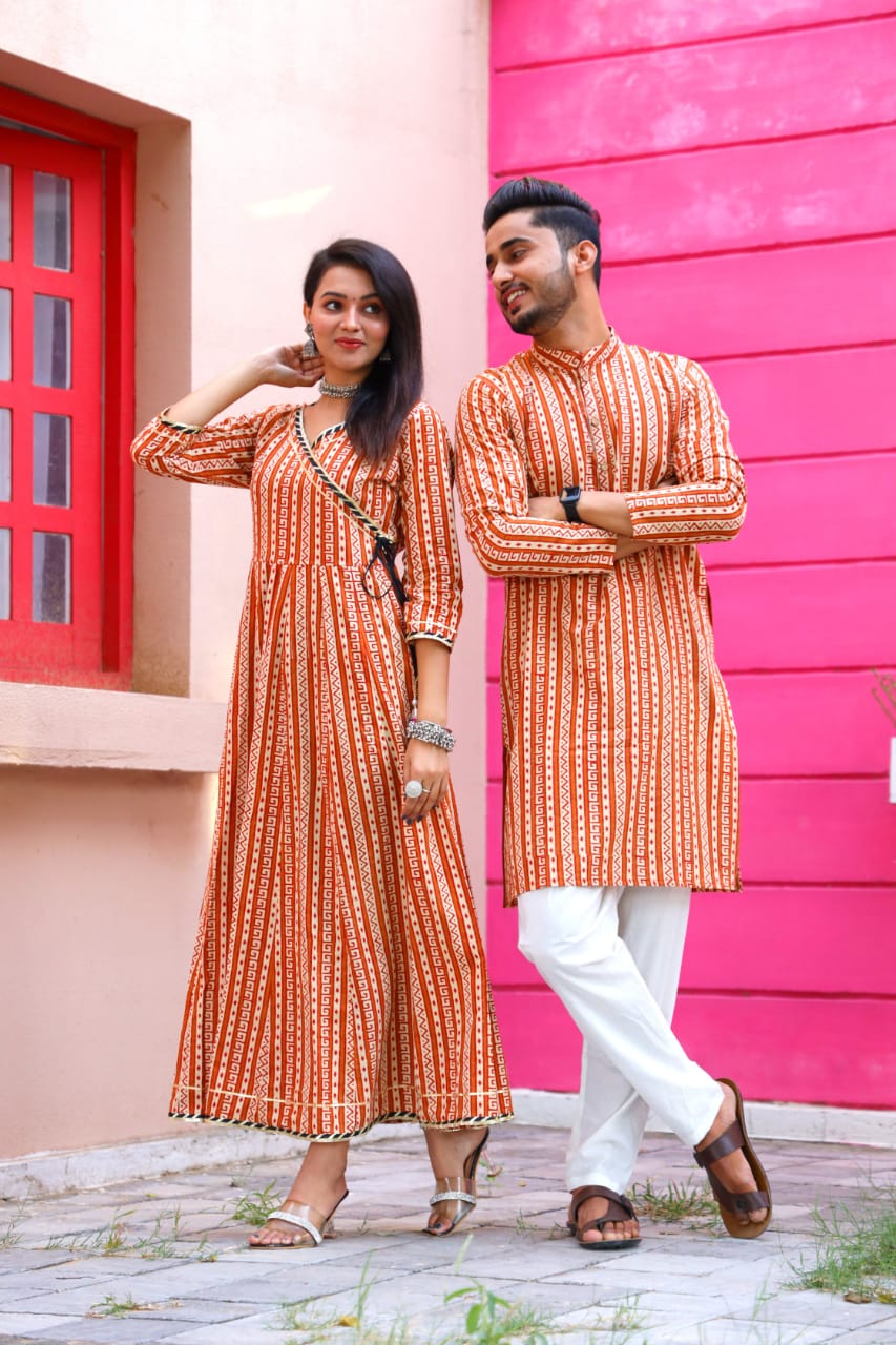 Super Soft Cotton Bright Hibiscus Couple Matching handblock fabric Shirt/Anarkali - Wedding Group Bulk Quantities,