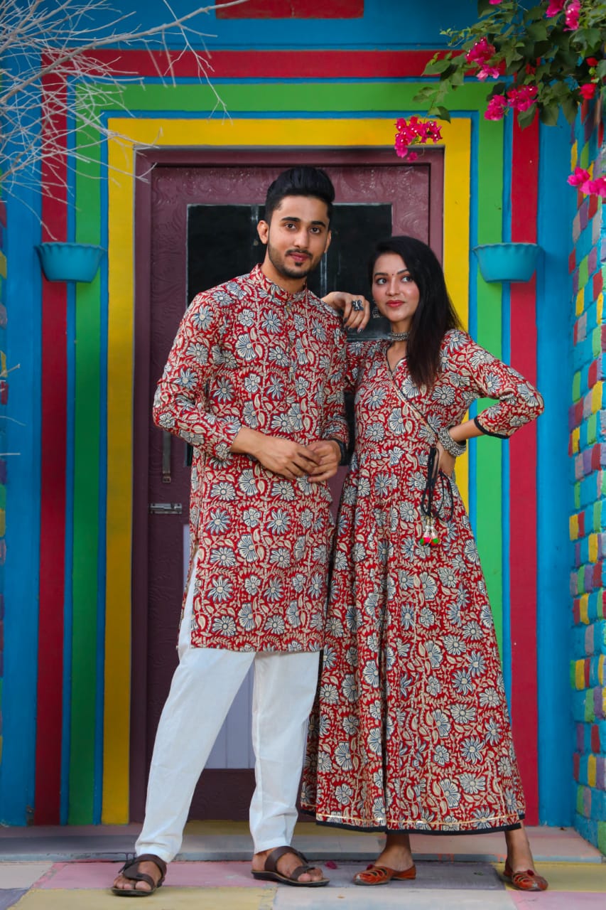 Super Soft Cotton Bright Hibiscus Couple Matching handblock fabric Kurta/Anarkali - Wedding Group Bulk Quantities,