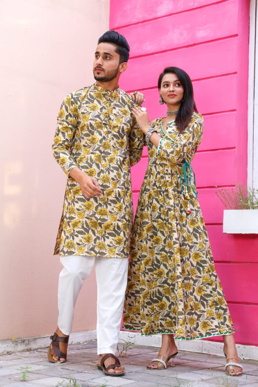 Couple Twining Outfit, Cotton handblock fabric Kurta/Anarkali - Wedding Group Bulk Quantities,