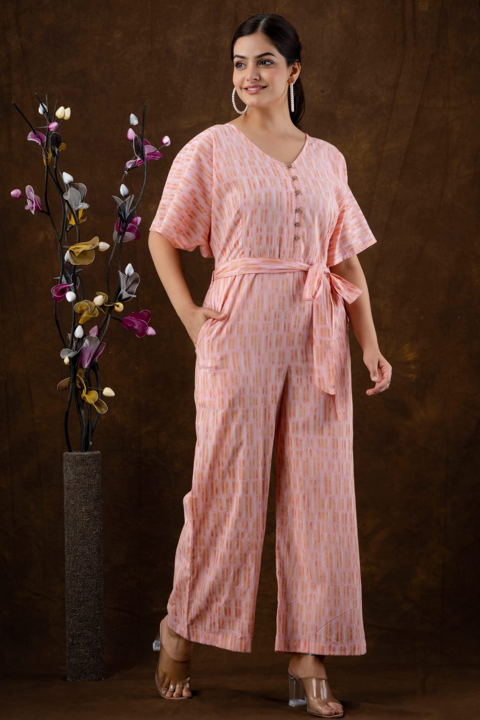 Buy Pink Georgette Embellished Round Cowl Sleeve Pleated Jumpsuit For Women  by k-anshika Online at Aza Fashions.