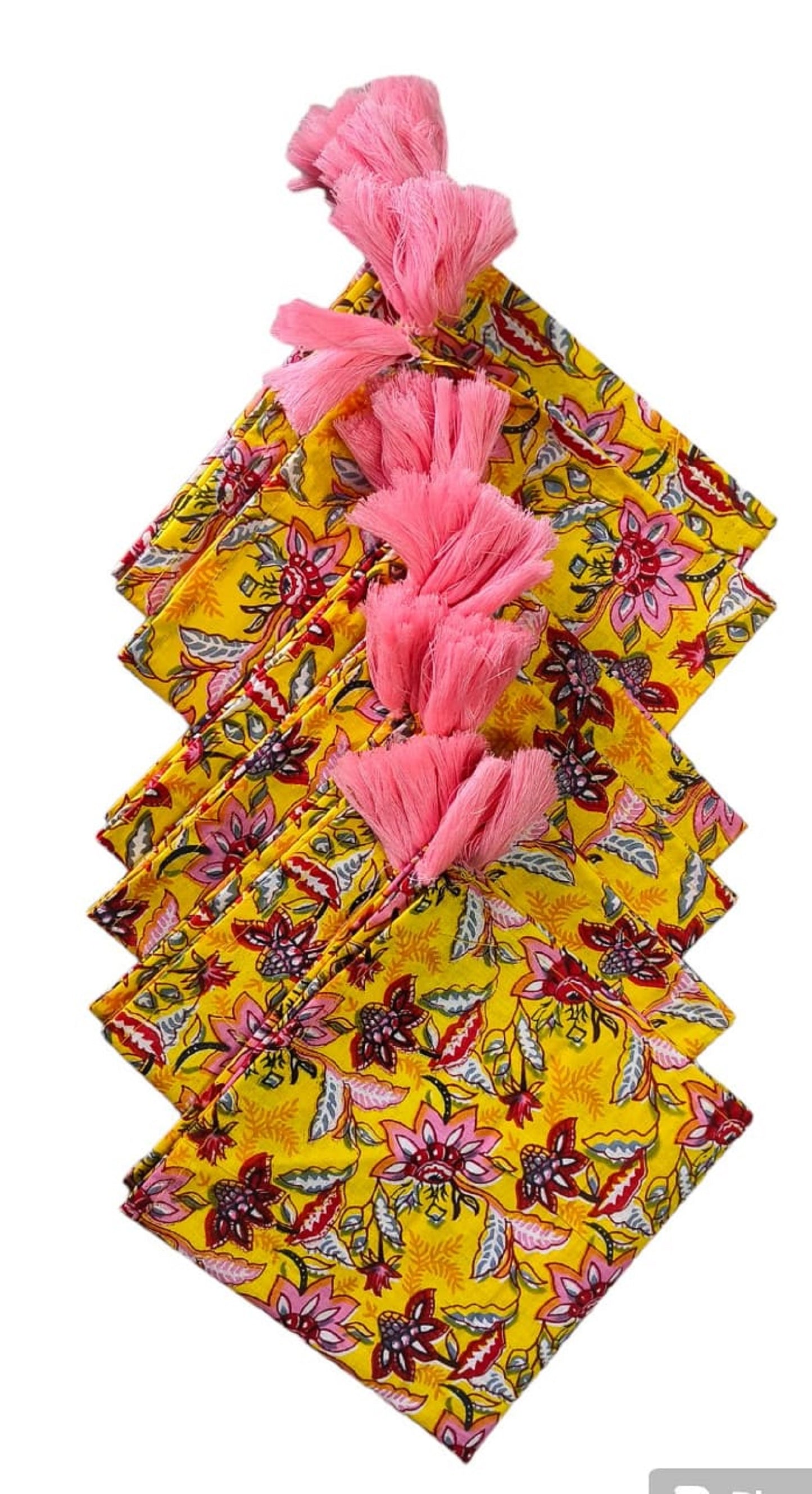 Yellow And Pink Indian Hand Block Floral THOHAT Cotton linen Cloth Napkins,Wedding Events Home Party,Cocktail Dinner All Sizes