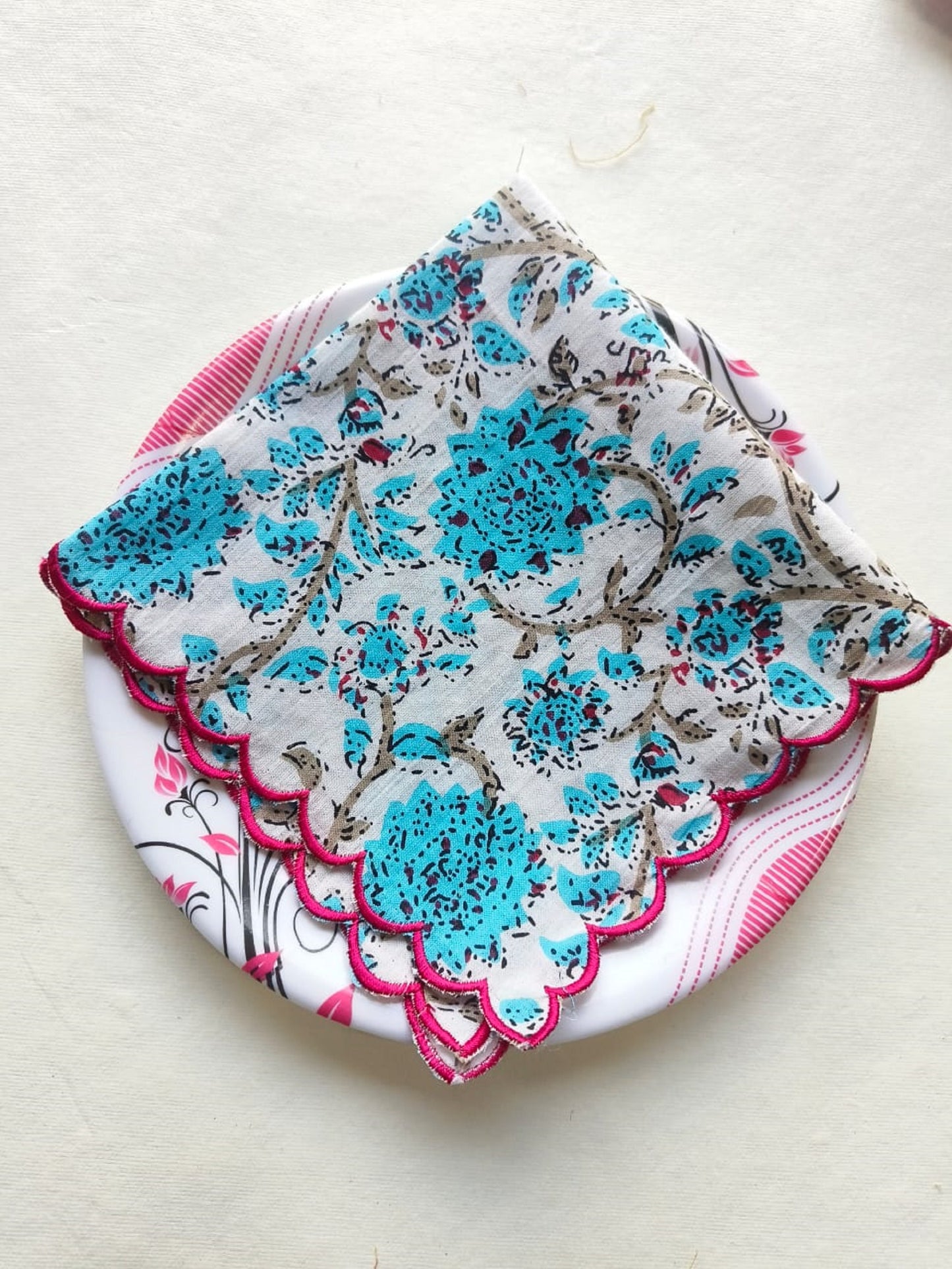 Cloth Napkins, Hand Block Print Cotton printed reusable table napkins cotton fabric - kitchen napkin scalloped Embroidered napkins