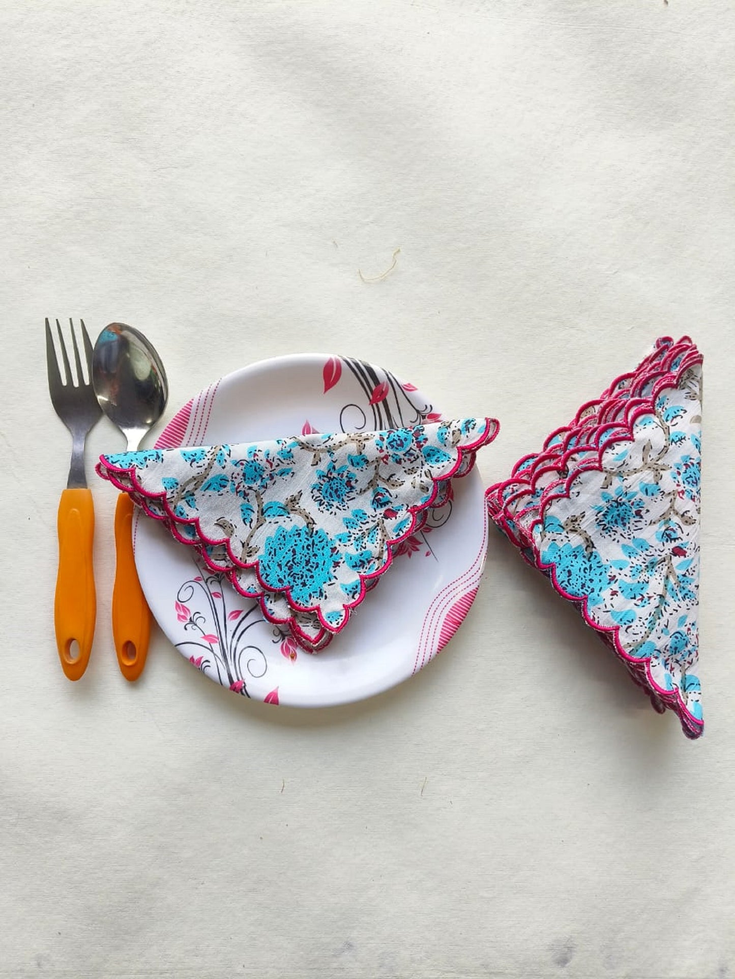 Cloth Napkins, Hand Block Print Cotton printed reusable table napkins cotton fabric - kitchen napkin scalloped Embroidered napkins