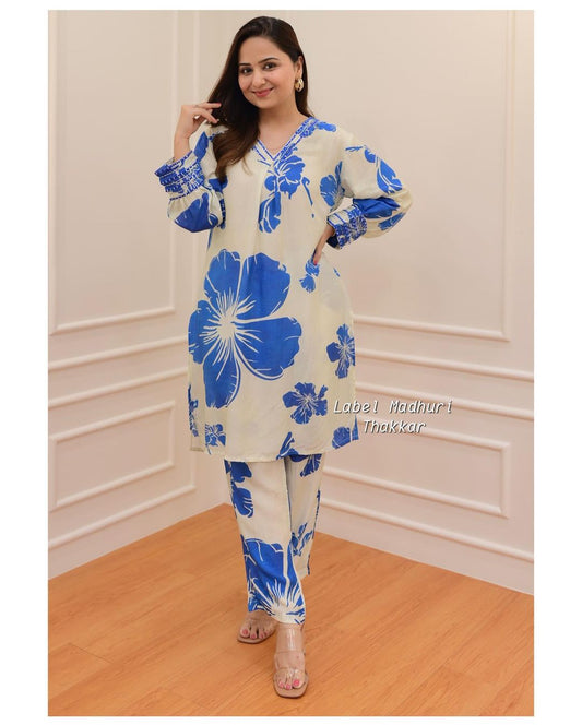 Designer cotton co-ord set in A- line kurti pattern paired with Ankle length palazzo set, cotton dresses, co-ord dresses, kurta palazzo set