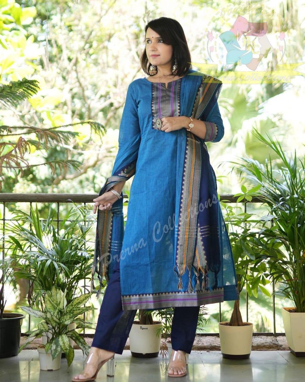 Slub cotton readymade kurti set navy blue with allover prints & sequin –  Maatshi