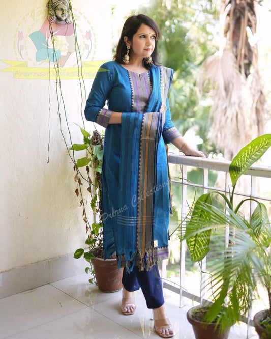 Premium South cotton handloom kurti with with pants and dupatta set, cotton kurti set, kurta palazzo set, full stitched dresses