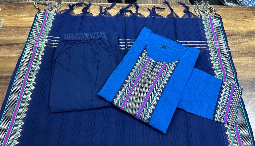 Premium South cotton handloom kurti with with pants and dupatta set, cotton kurti set, kurta palazzo set, full stitched dresses