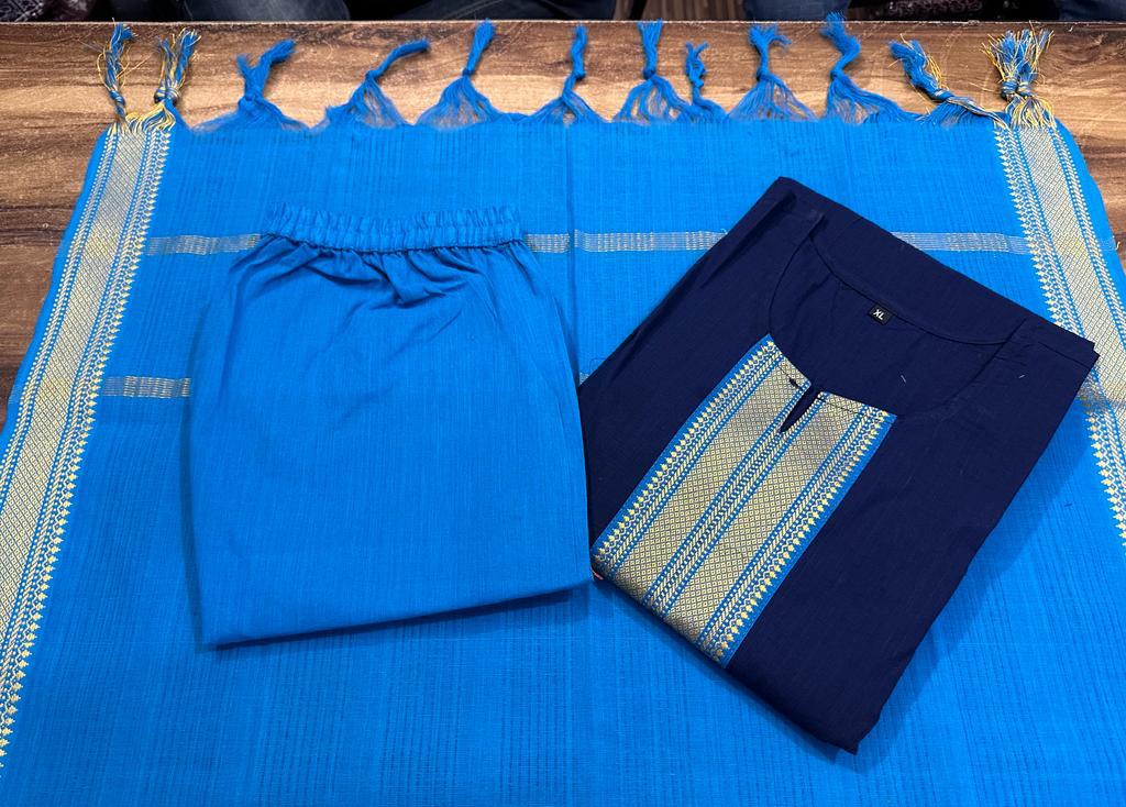 Premium South cotton handloom kurti with with pants and dupatta set, cotton kurti set, kurta palazzo set, full stitched dresses