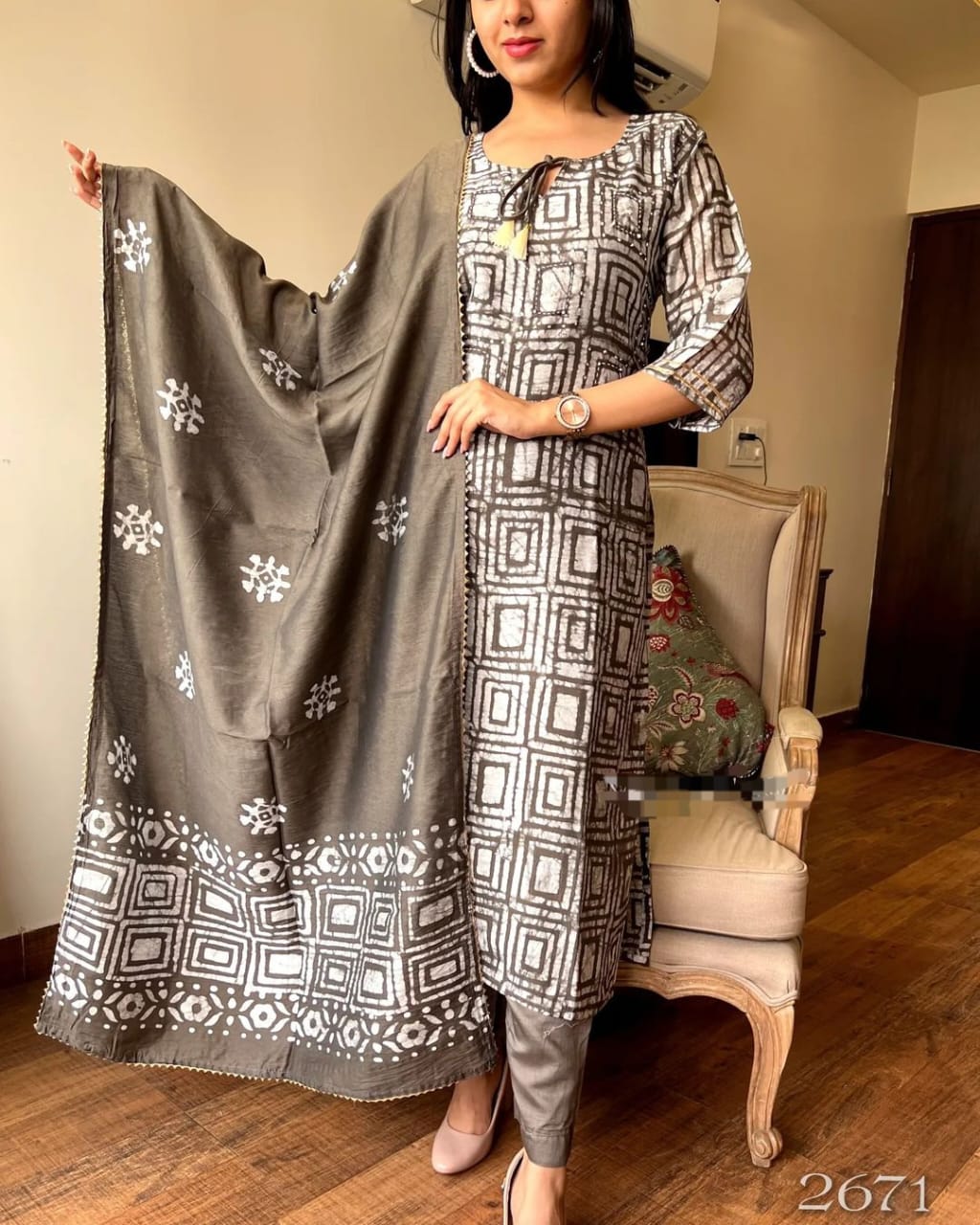 Beautiful cotton Fabric Printed Straight Long Kurti With Pant And Cotton Dupatta Set, Kurta Set Women, Salwar Suits, Kurta Set Women, Kurties