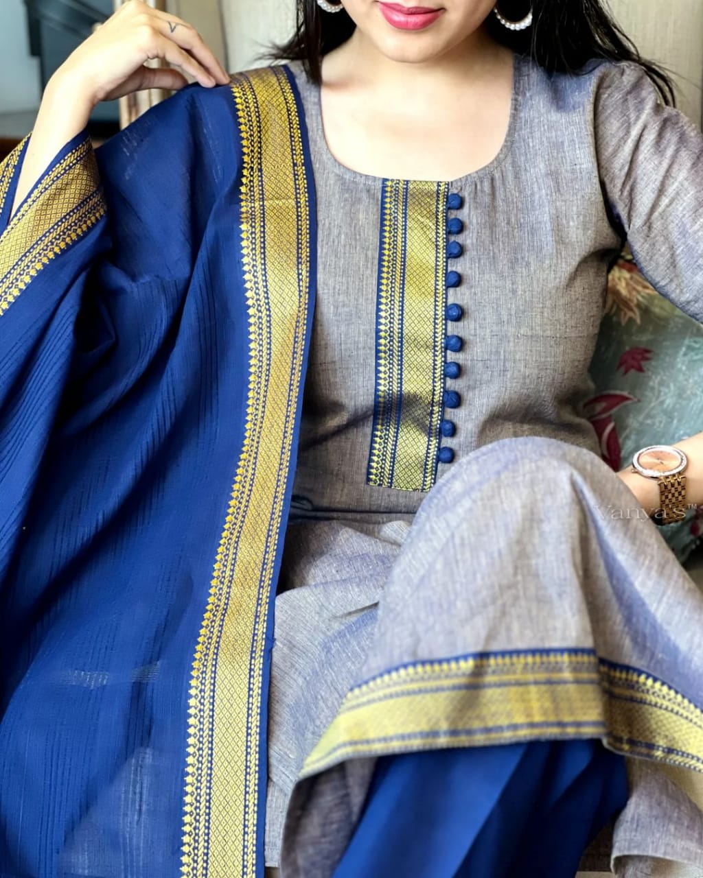 South Cotton Mangalgiri 3pc Salwar Suit | Color Grey & Mulberry | – Leheriya