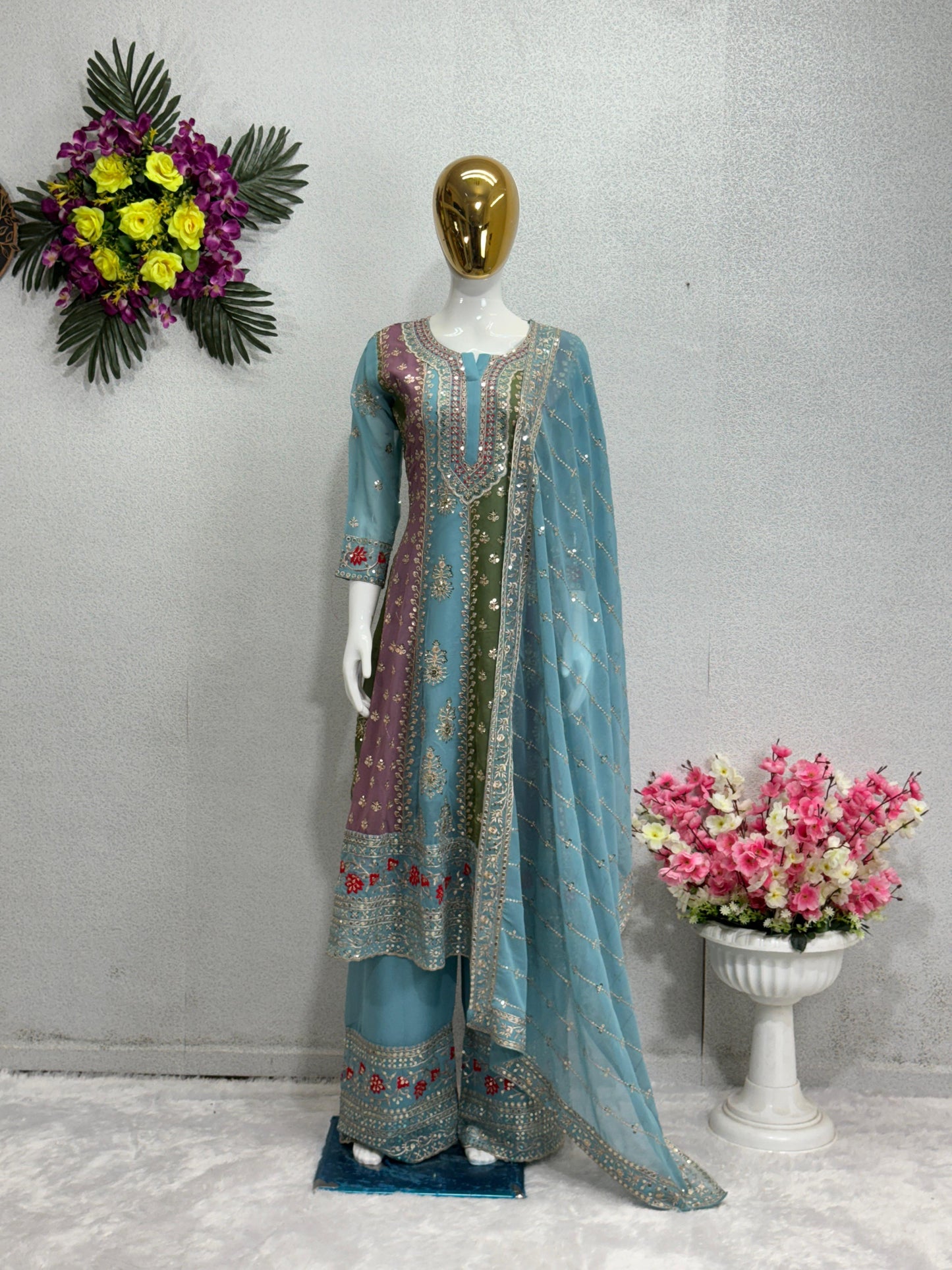 NEW DESIGNER EMBROIDERY SEQUENCES WORK TOP WITH PALAZZO ANRAKALI SUIT