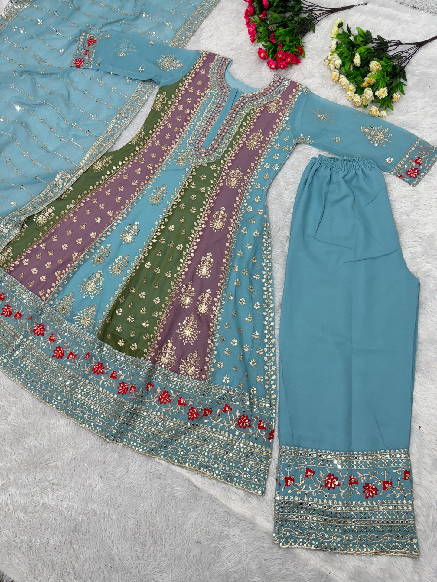 NEW DESIGNER EMBROIDERY SEQUENCES WORK TOP WITH PALAZZO ANRAKALI SUIT