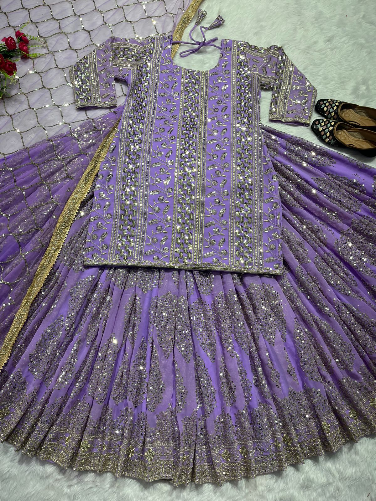 Grey Pakistani Kurta Lehenga Set, Beautiful Readymade Indian Dress Sparkling Sequin Work Georgette Fabric, Ethnic Wear 3 Pcs Set Women USA