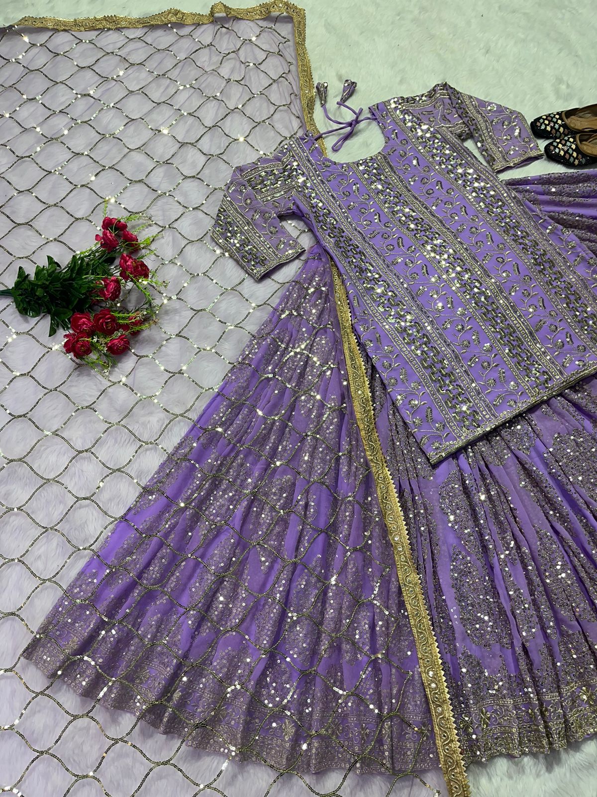 Grey Pakistani Kurta Lehenga Set, Beautiful Readymade Indian Dress Sparkling Sequin Work Georgette Fabric, Ethnic Wear 3 Pcs Set Women USA