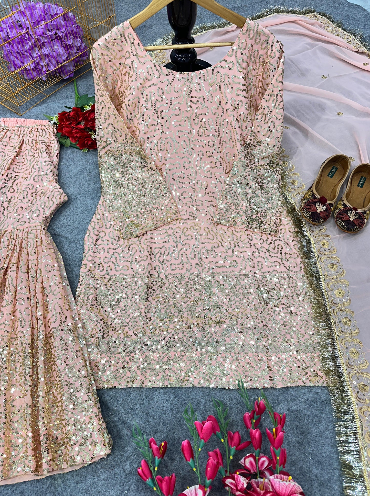 Sparkling Indian Sharara Suit For Woman USA, Georgette Fully Stitched Sequin Embroidered Ethnic Dress, Readymade Wedding Wear Outfit