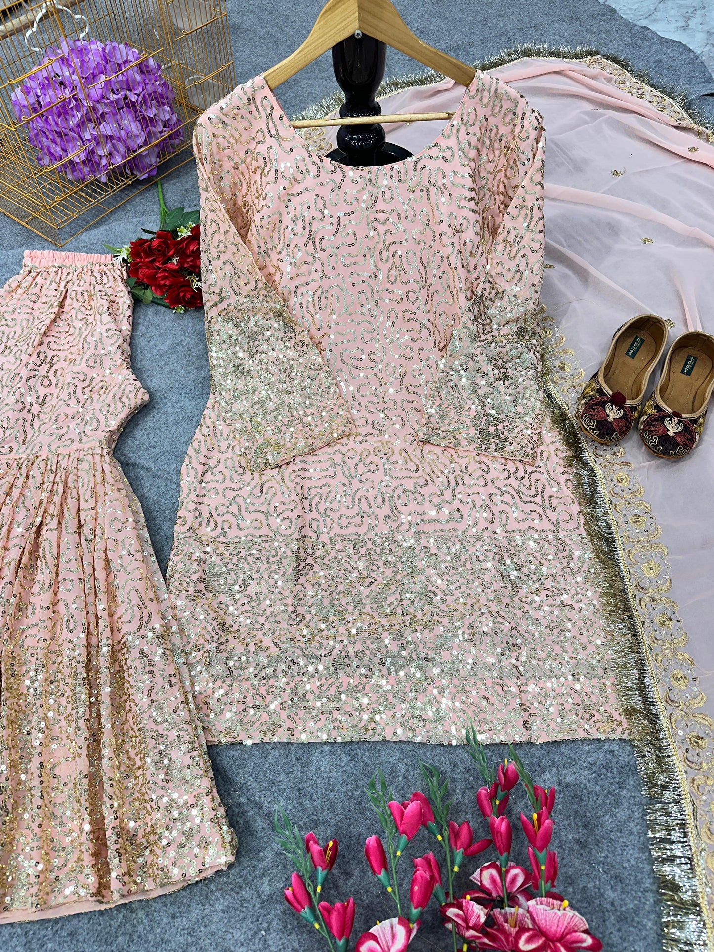 Sparkling Indian Sharara Suit For Woman USA, Georgette Fully Stitched Sequin Embroidered Ethnic Dress, Readymade Wedding Wear Outfit