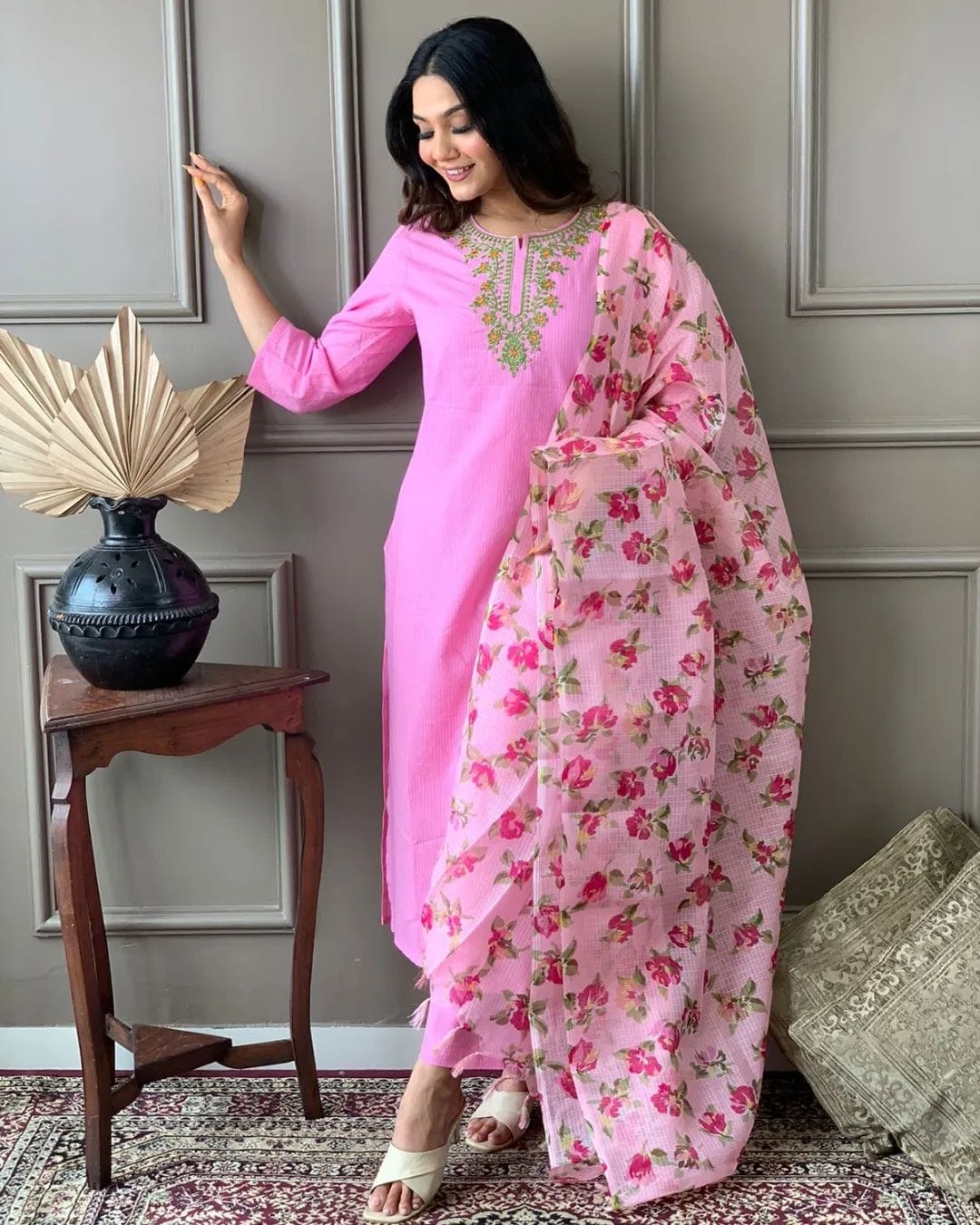 Indian Cotton PINK  Handwoven Kanth Kurta set with Kota Doria Dupatta, 3 pc Readymade Salwar Kameez Free Delivery