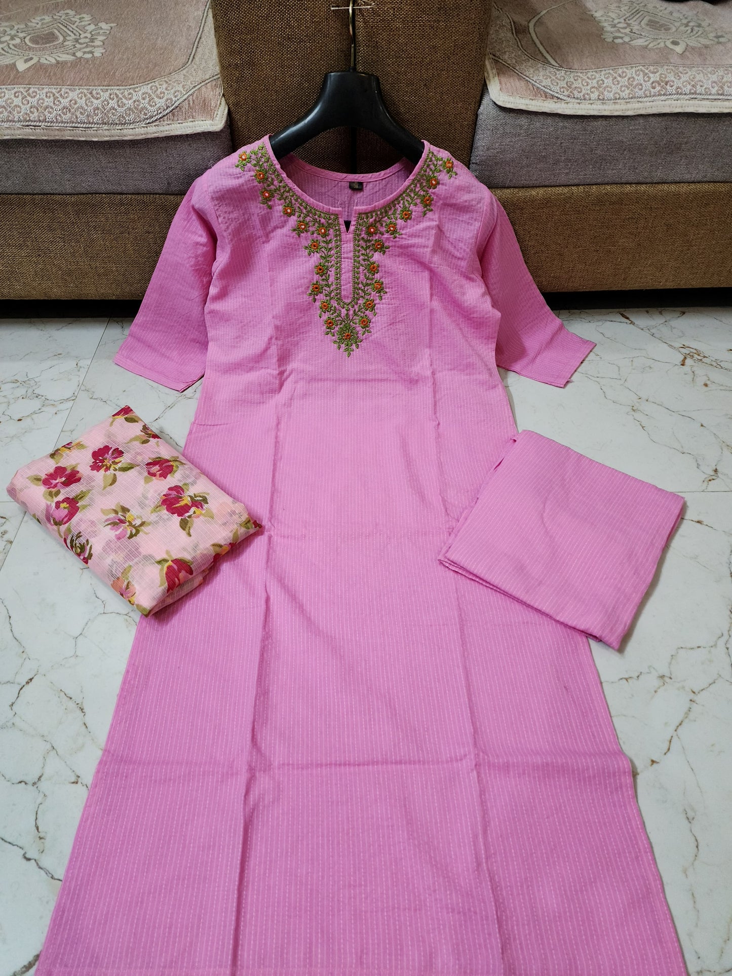 Indian Cotton PINK  Handwoven Kanth Kurta set with Kota Doria Dupatta, 3 pc Readymade Salwar Kameez Free Delivery