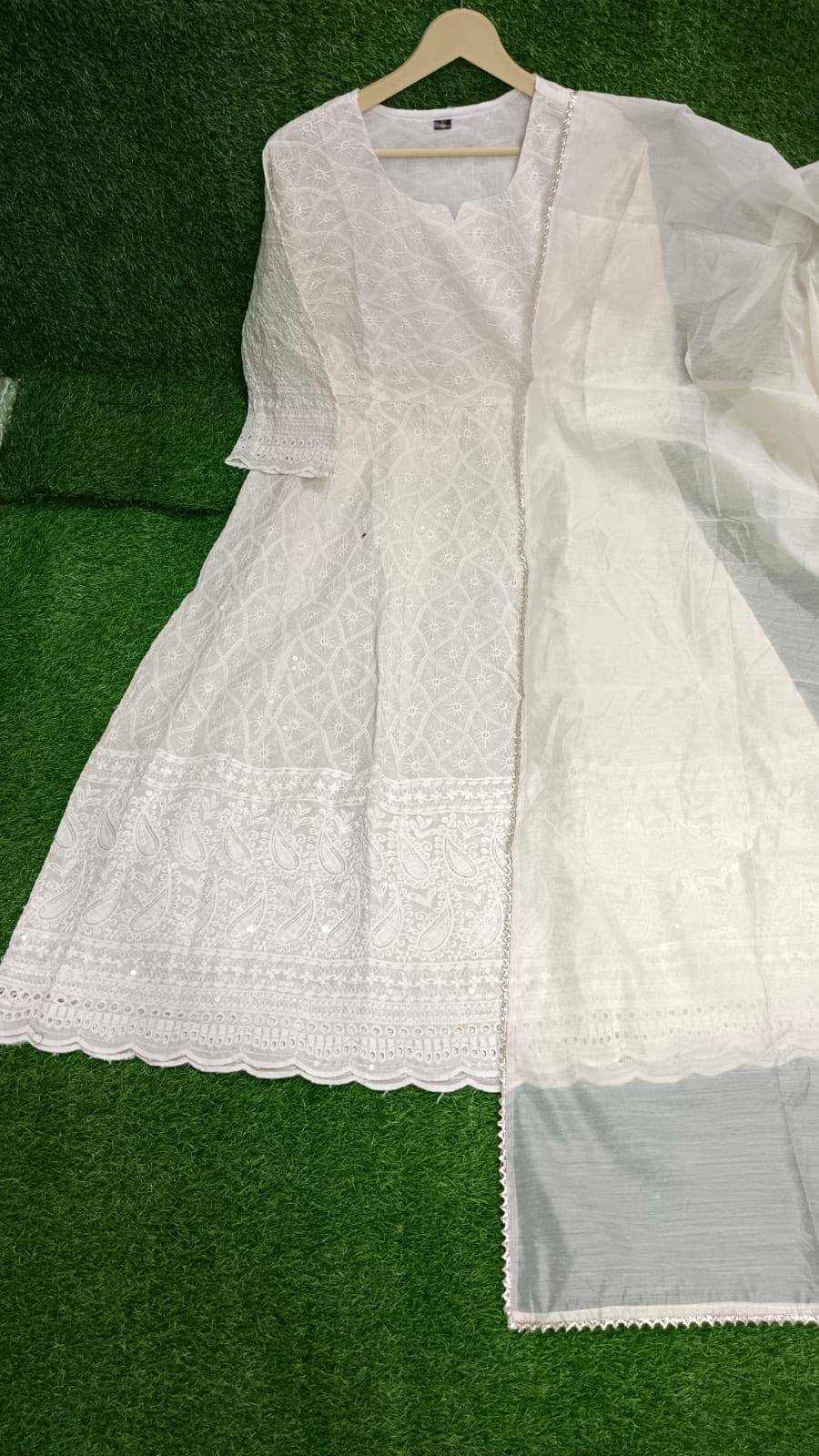 Premium off White Chikankari Anarkali Suit with and Dupatta, Full Flared Embroidered Cotton Elegant Salwar Suit set Reaymade upto 10xl