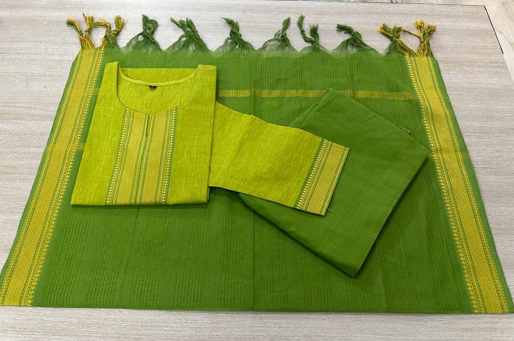 3 Pcs gorgeous Kurti Set south cotton self thread embroidery work cotton pant paired with south cotton dupatta self weaving temple border