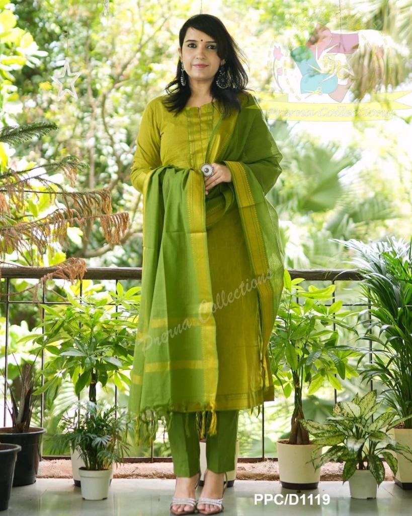 3 Pcs gorgeous Kurti Set south cotton self thread embroidery work cotton pant paired with south cotton dupatta self weaving temple border