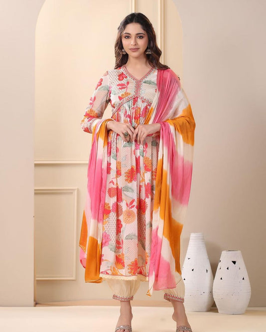 Muslin Floral Alia Cut Kurti With Afghani Pants Paired With Dupatta