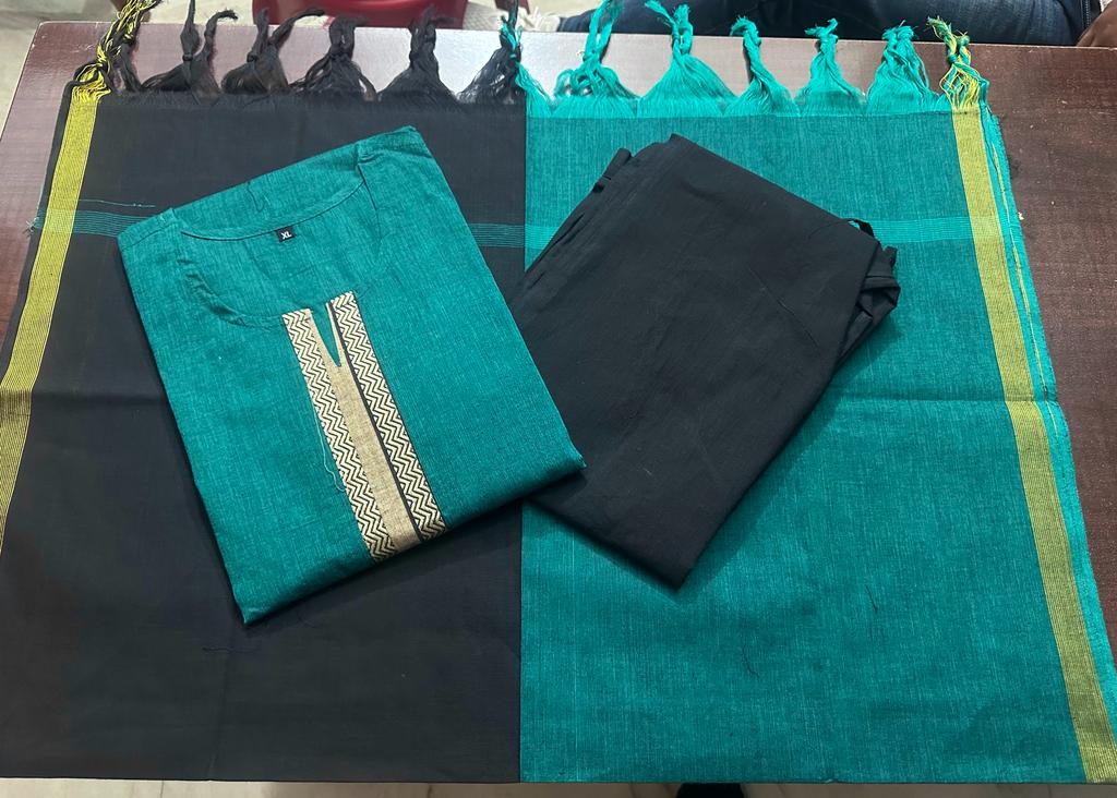 premium South cotton handloom kurti with temple border on yoke and sleeves Paried with handloom cotton pants and dupatta