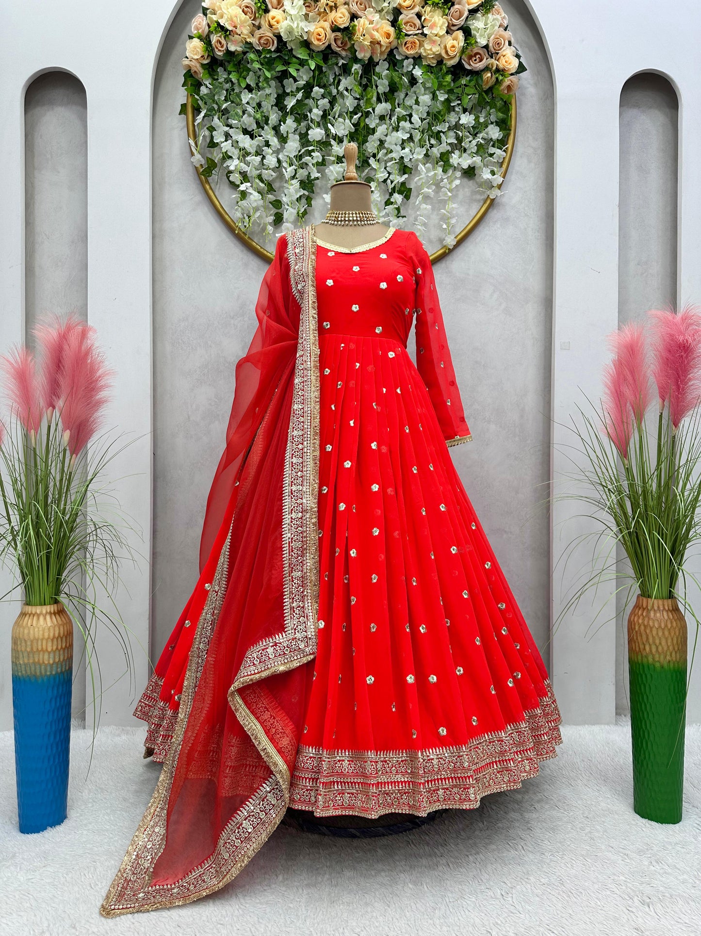 Designer red base anarkali set with heavy dupatta,dress for eid,eid Arrivals,eid Sale,gift for ramdan festival,ramadan outfit for womens