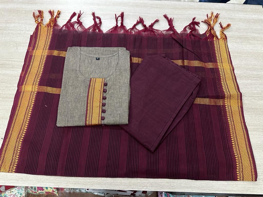 3 Pcs gorgeous Kurti Set south cotton self thread embroidery work cotton pant paired with south cotton dupatta self weaving temple border