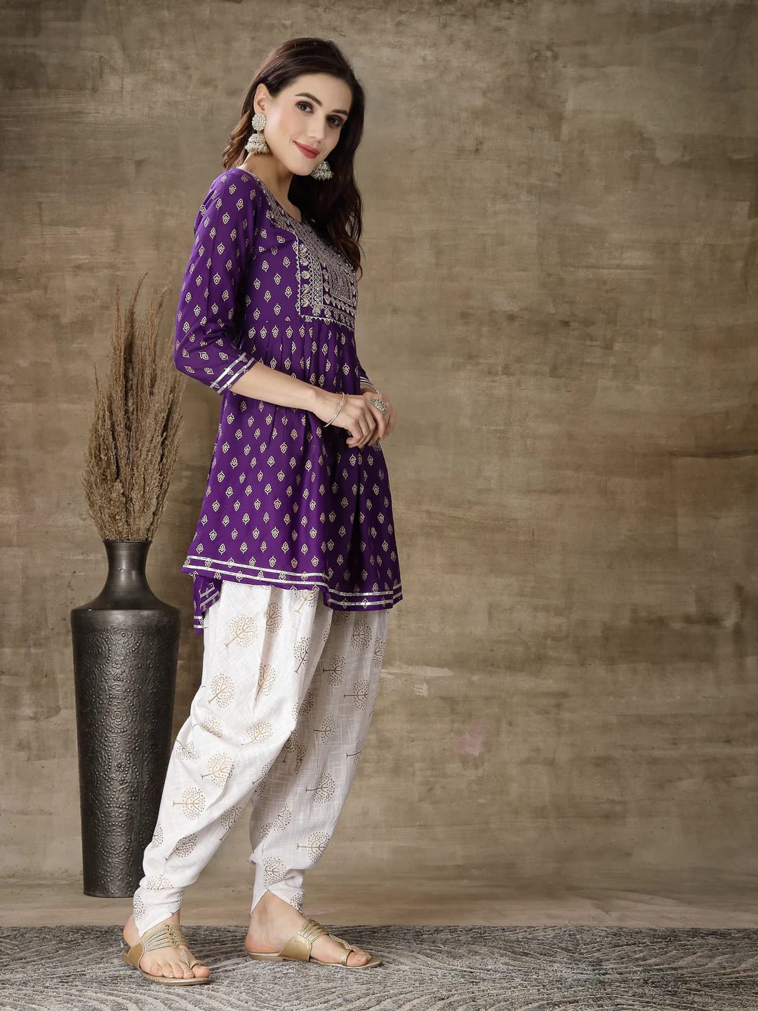 Indian Designer Floral PURPLE Short Anarkali Kurta Dhoti & Dupatta, 3pc Readymade Partywear Punjabi/ EID special Heavy Work Salwar Kameez