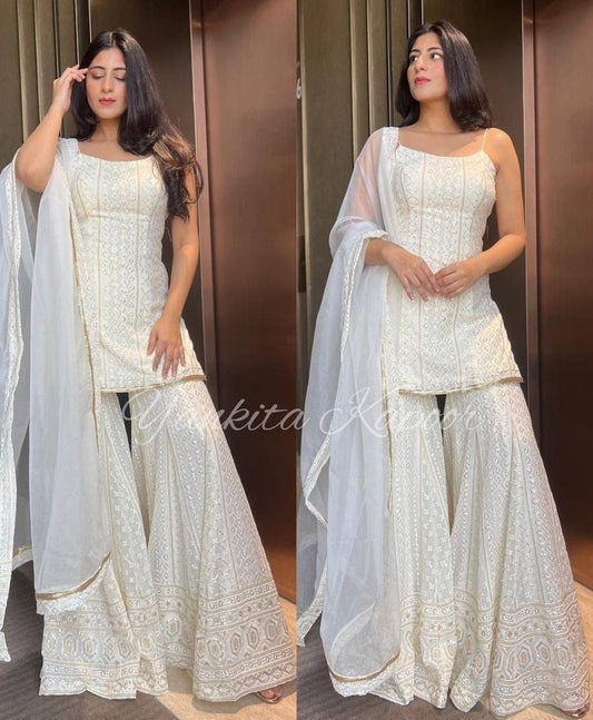 Designer white georgette sharara with sleeveless top and dupatta with heavy work for party wear sharara suit heavy work suit dress for eid